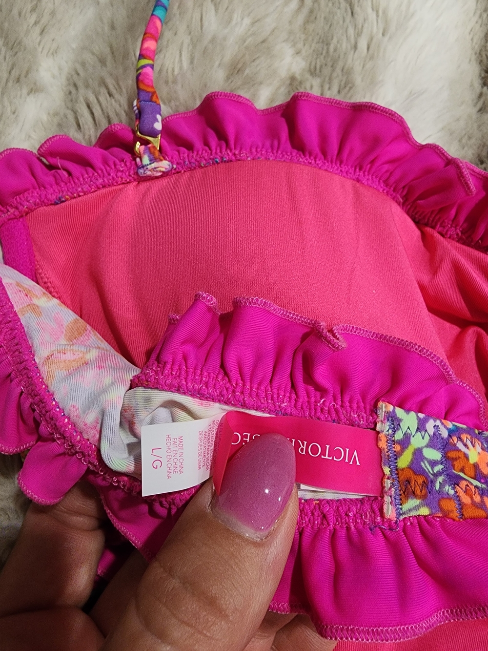 Victoria's Secret Multicolor Floral Ruffle Bandeau Bikini with Pink Trim - Picture 3 of 4
